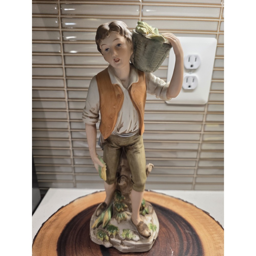 MRK-64 -- VINTAGE HOMCO JAPAN BISQUE FIGURINE, APPLE BOY, FARM BASKETS, 12' high